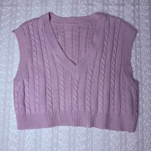 Lavender‎ Cable Knit V Neck Cropped Sweater Vest Women's Size L Shein